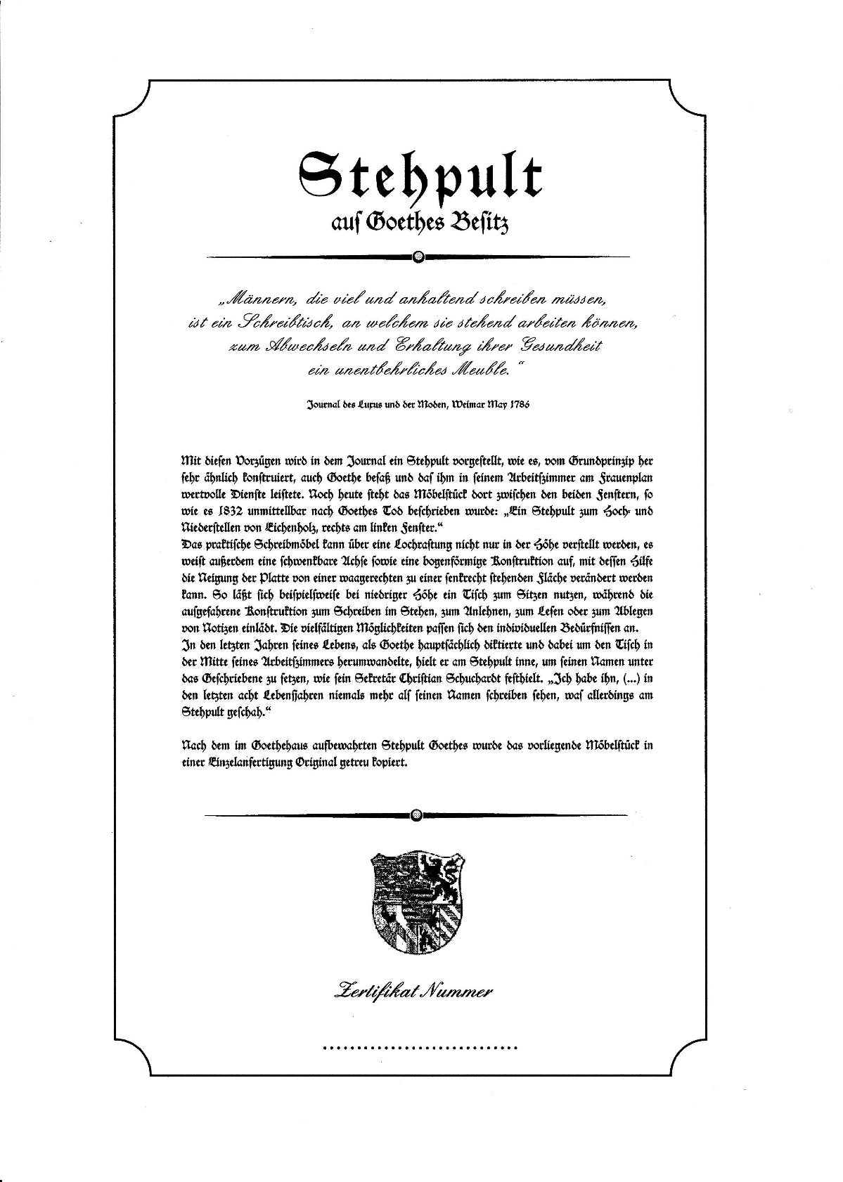Goethes Schreibpult, Original-Replik, Eiche massiv